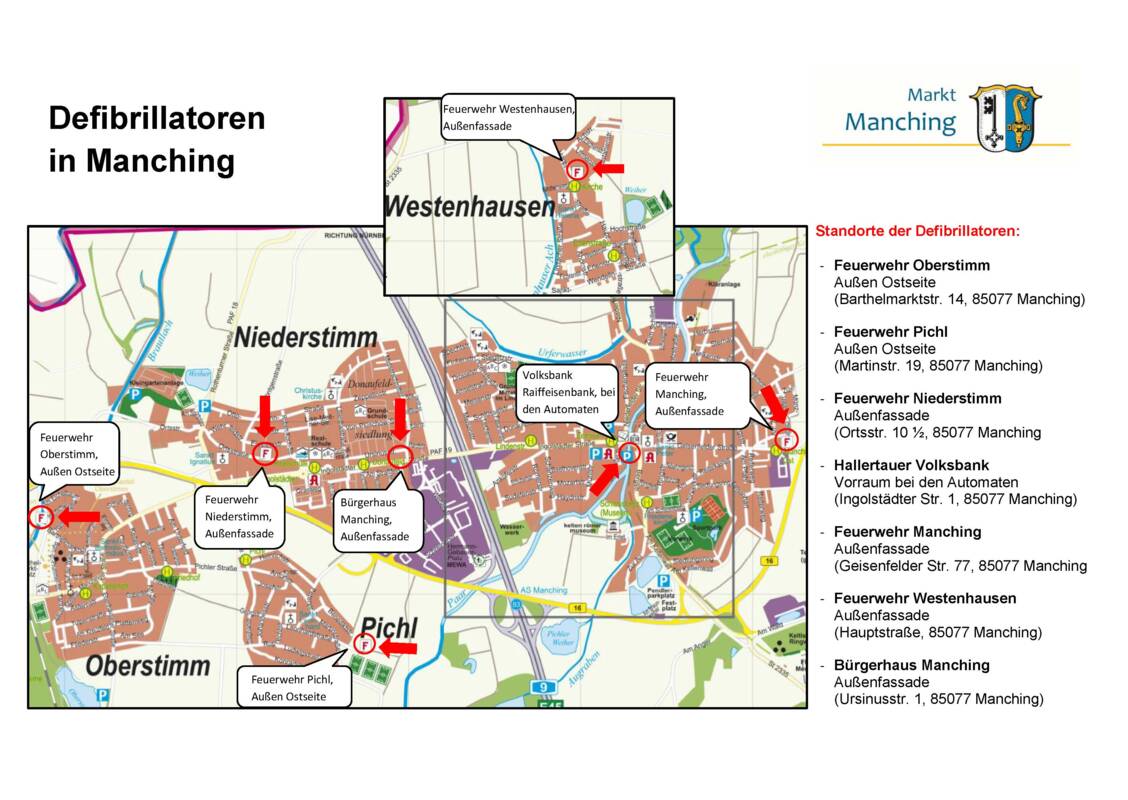 Übersichtskarte Defibrillatoren in Manching